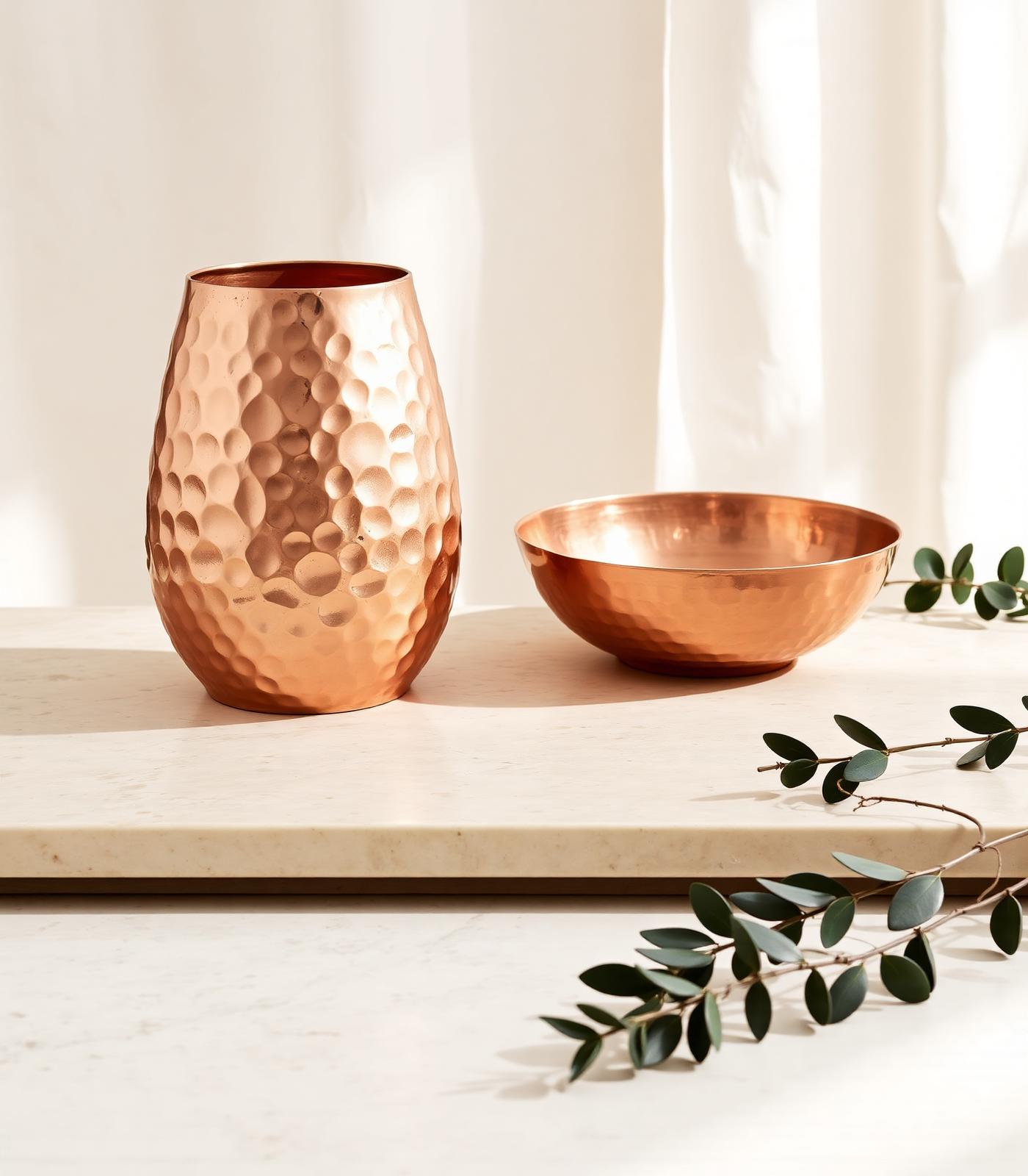 Jarrón y bowl de cobre martillado sobre travertino con hojas.